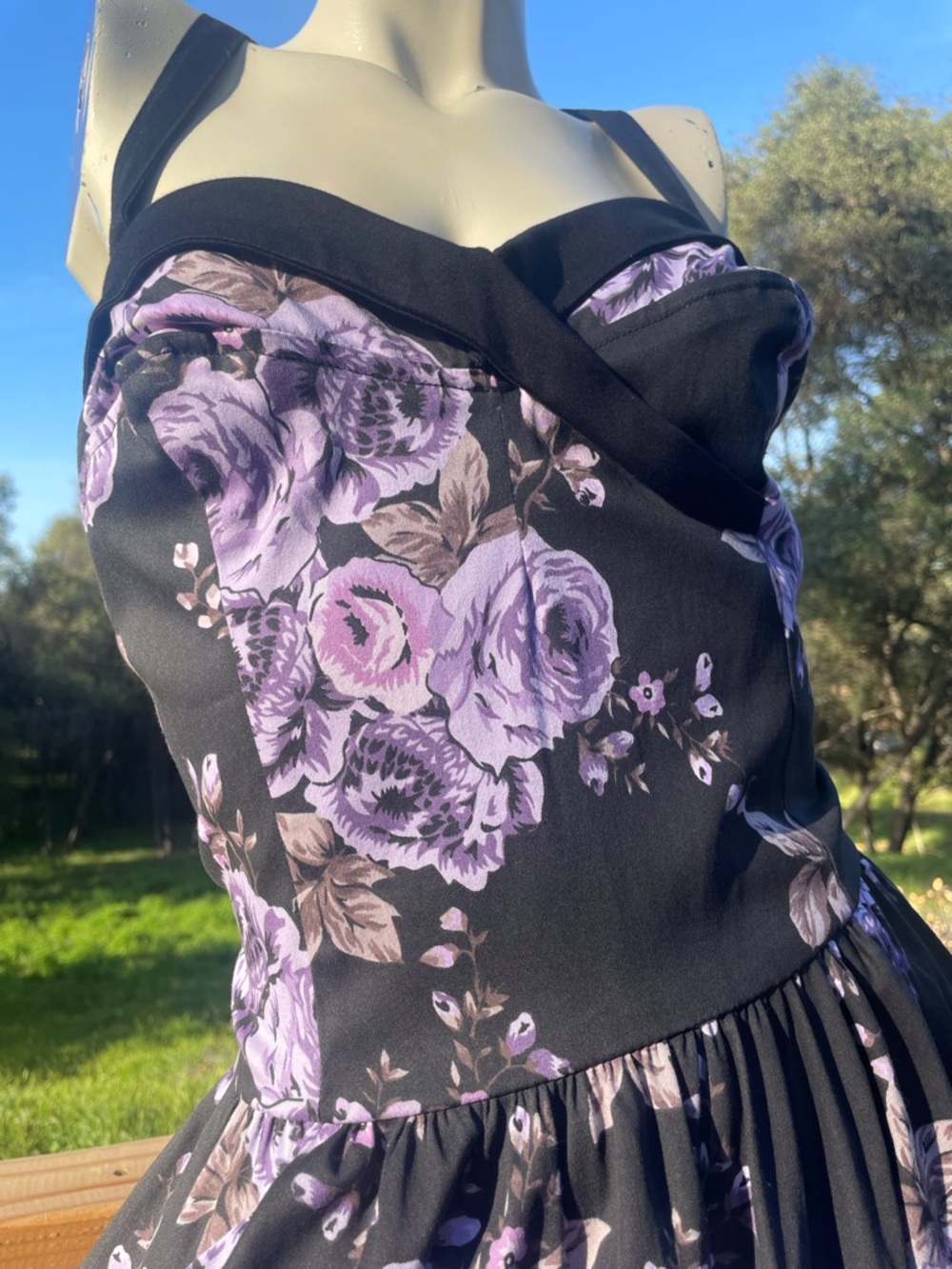 Pinup Couture Black Midi Swing Dress with Purple Rose Print - Picture 10 of 12
